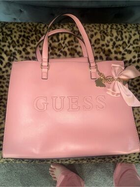 GUESS Pink Structured Tote with Bow Charm